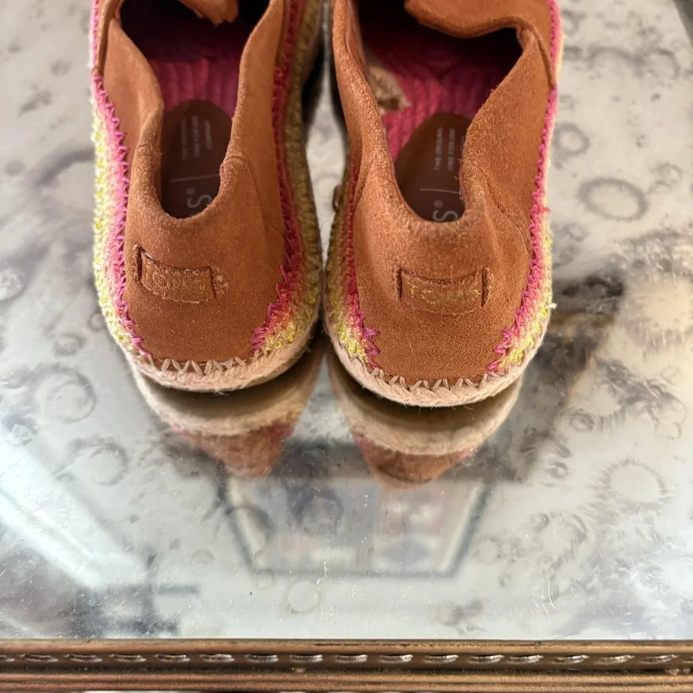 TOMS Shoes Womens Size 7 Brown‎ Suede Alpargata Espadrille Slip On Rainbow Trim